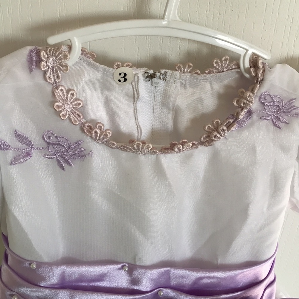Girl's Fancy White Short Sleeve Dress with Purple Satin Ribbon Trim - Picture 4 of 4